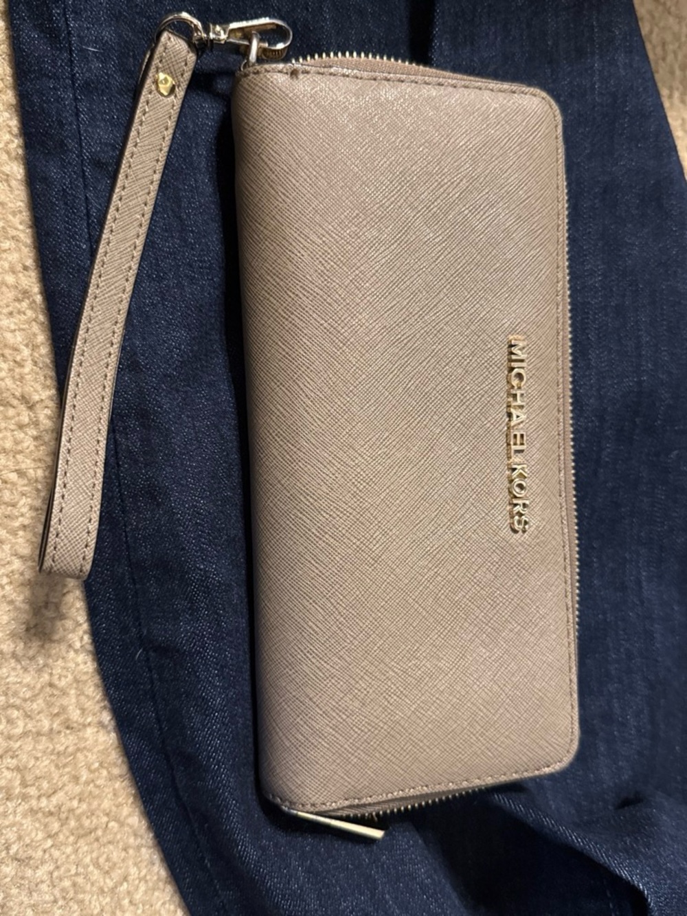 MICHAEL KORS Taupe Saffiano Zip Wristlet with Gold Hardware